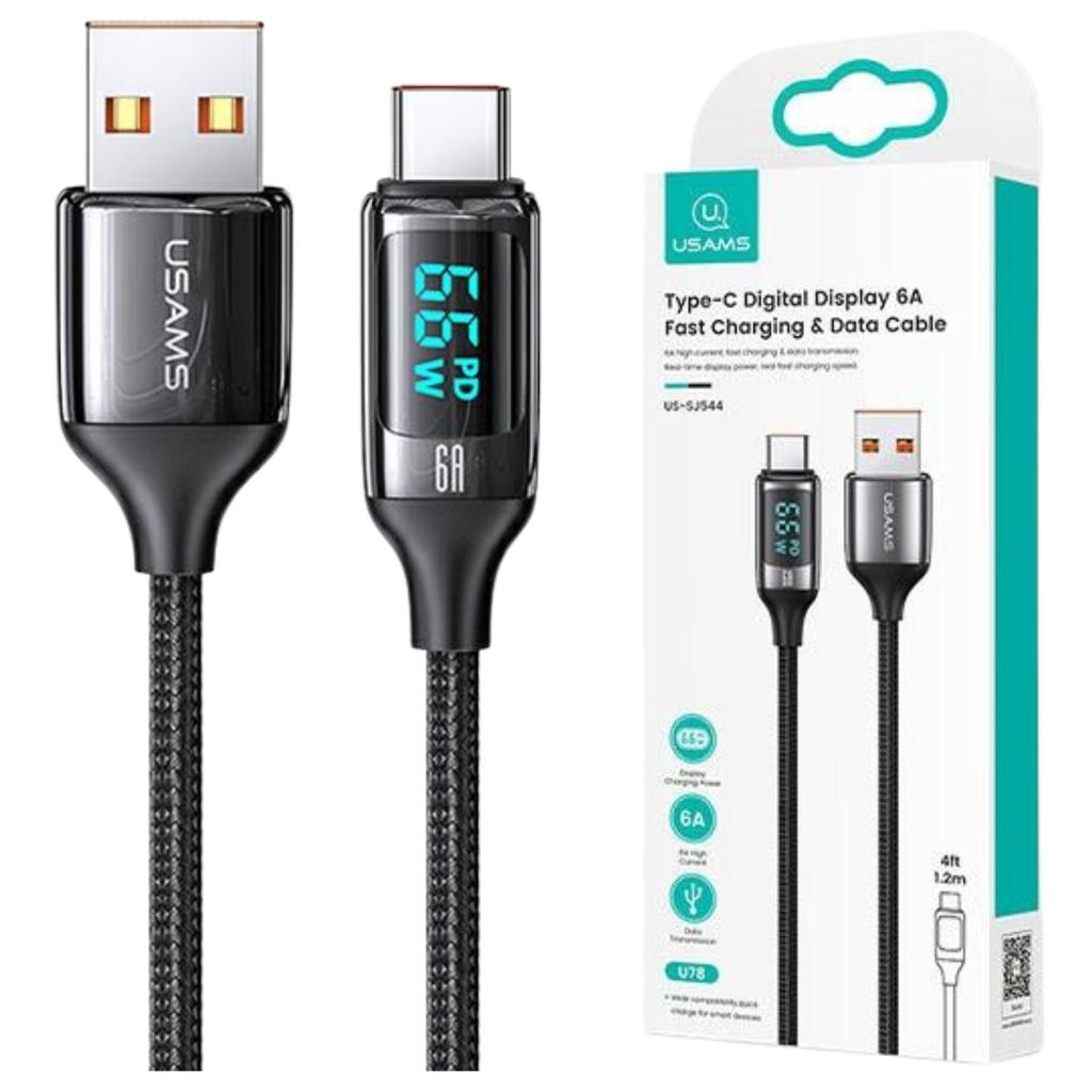 Usams Kabel Pleciony U78 Usb-C 1.2Mled 6A Fast Charging Czarny/Black Sj544Usb01 (Us-Sj544)