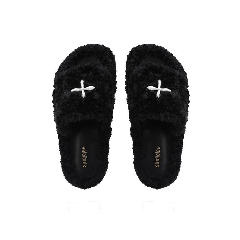 Grape mother studiolae velvet thick bottom flat bottom one word fairy fluffy slippers outer wear female spring and autumn new models