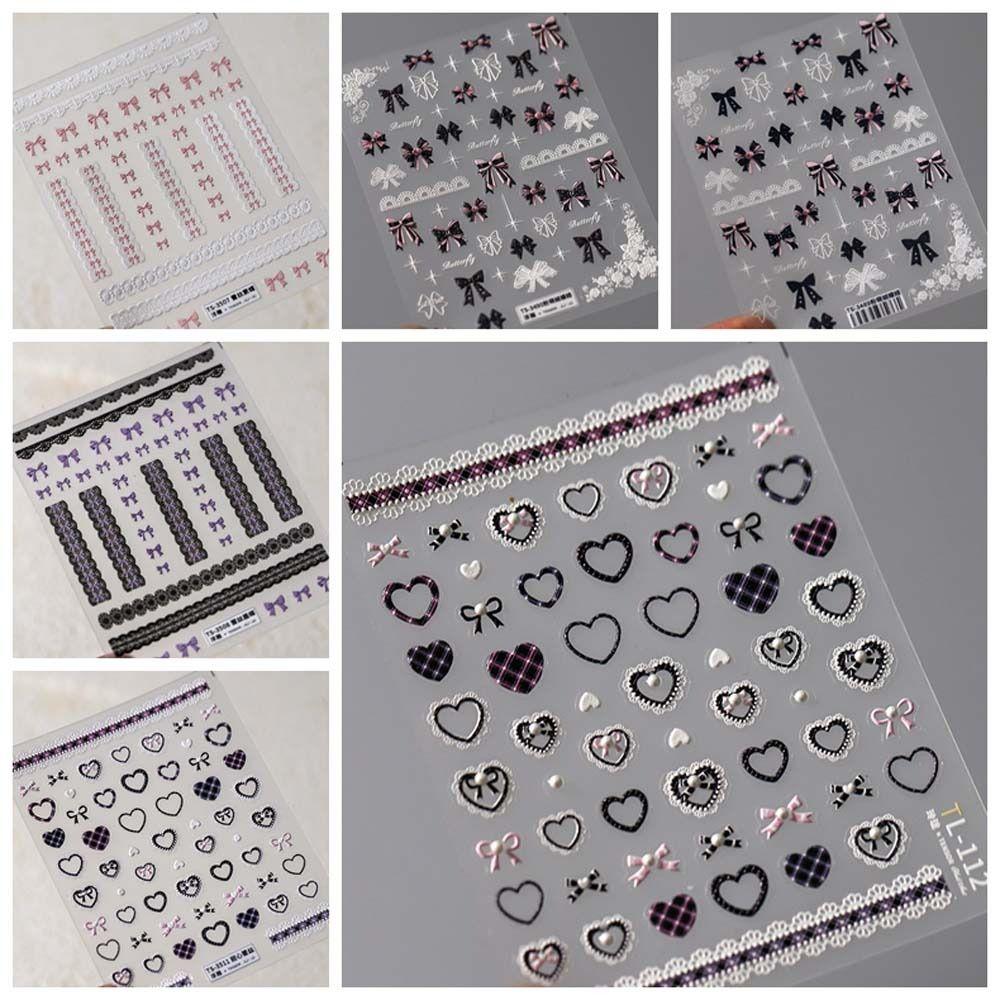 Pink White Black Lace Lace Bow Nail Stickers Love Heart Bow Nail Decorations  Nail Salon