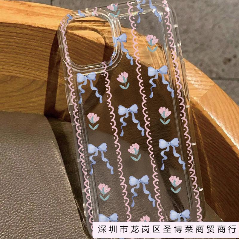 Blue Bow Flower Is Suitable for iPhone11/12/13/14/15Plus Apple 16promax Mobile Phone Case.