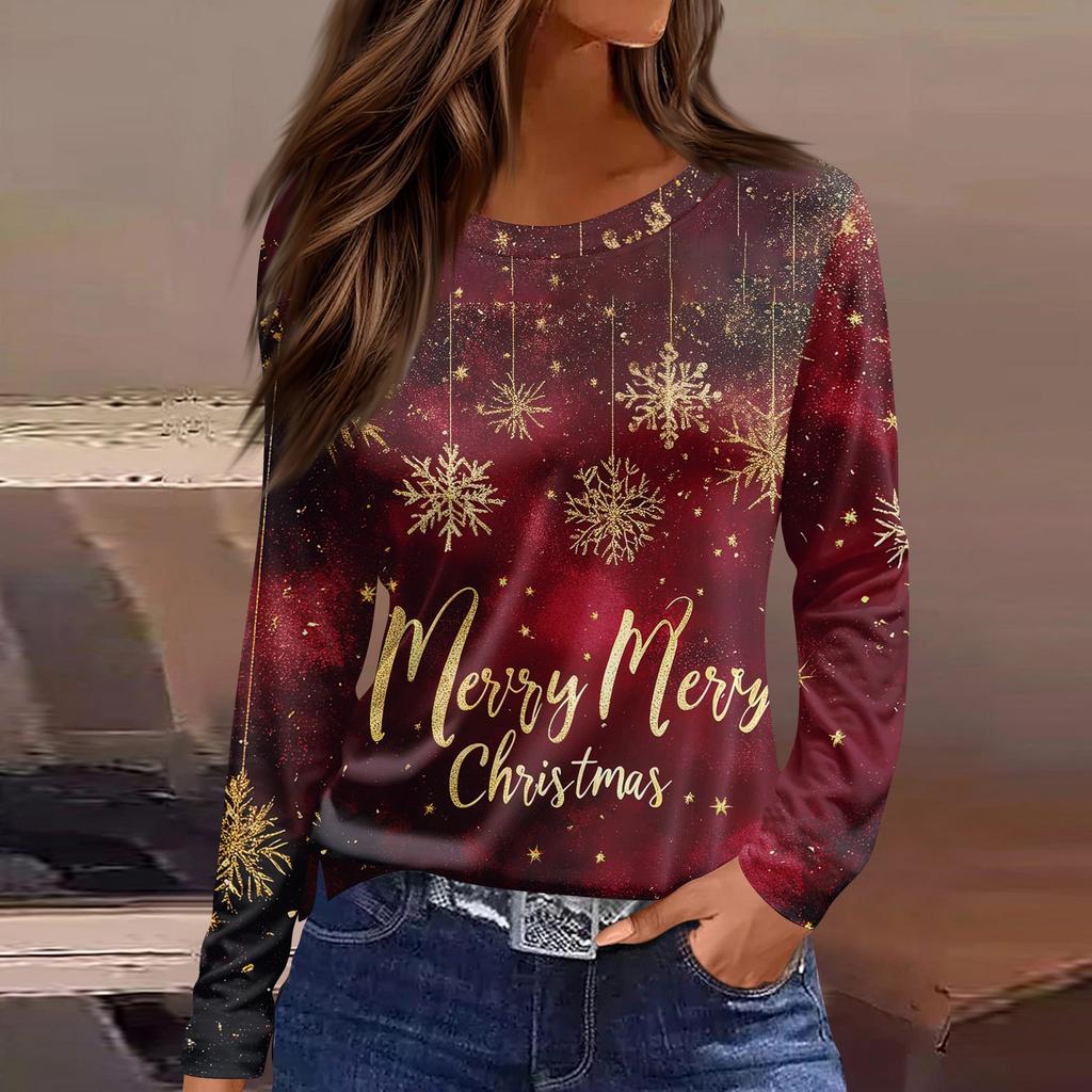 Women's Fashion Casual Slit Hem Round Neck Long Sleeve Loose Christmas Printed T-Shirt Ladies Top