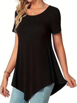 T-shirt à manches courtes, col rond et ourlet asymétrique, grande taille, tendance 2025