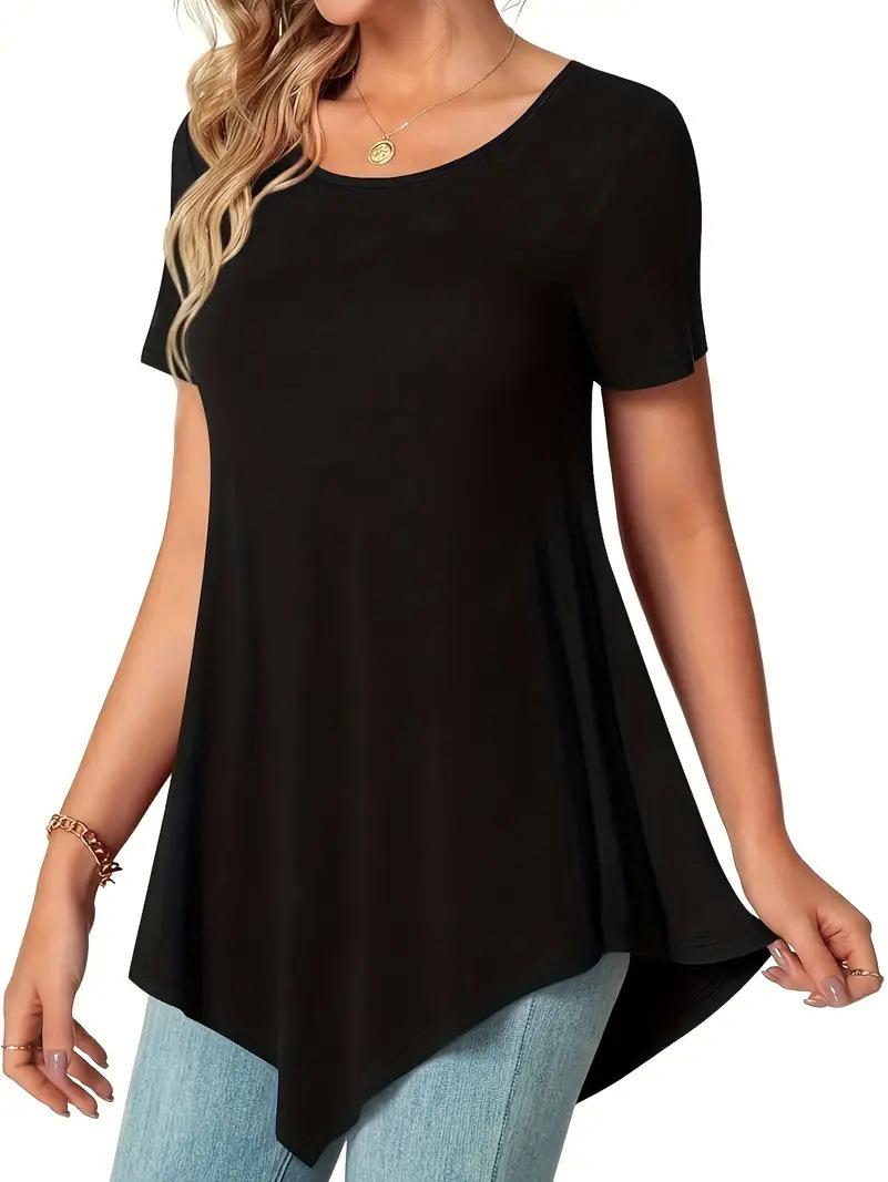 

2024 Summer Women s Plus Size Loose Round Neck Solid Color T-shirt - Southeast Asian Fashion M чёрный