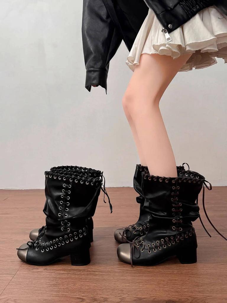 Women Boots Autumn Winter New Push Boots for Women Strappy Martin Boots Chunky Heel Mid Calf Short Boots Stylish Biker