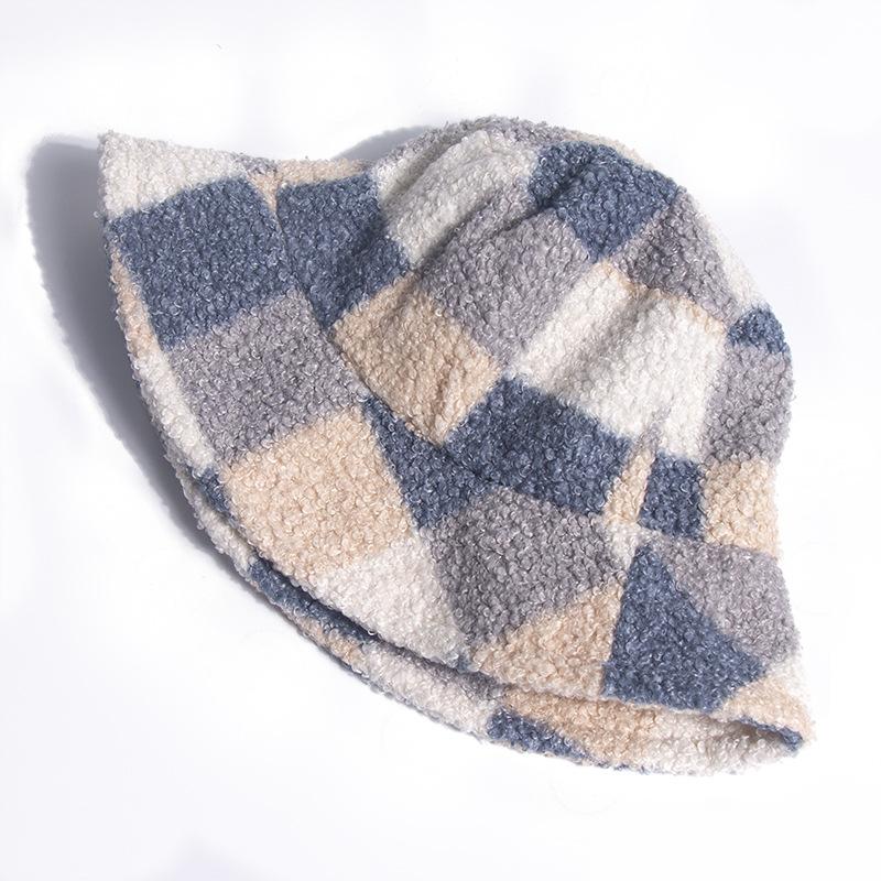 Autumn Adult Bucket Hat Autumn and Winter Women's Japanese Lamb Wool Plaid Basin Hat Travel Warm Plush Hat Tide