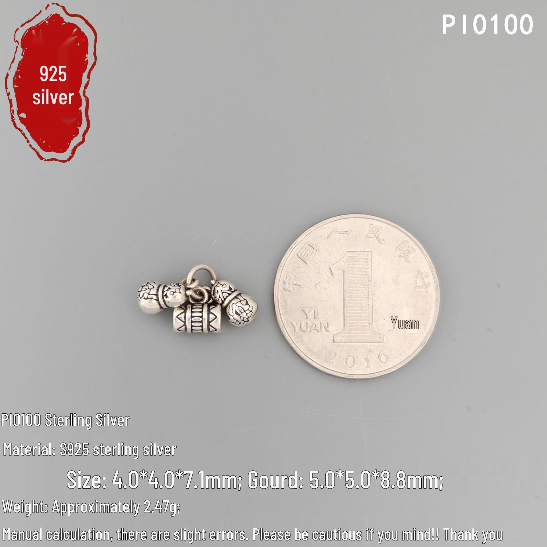 S925 Sterling Silver Retro Fu Gua Barrel Bead Pendant for DIY Handmade Jewelry