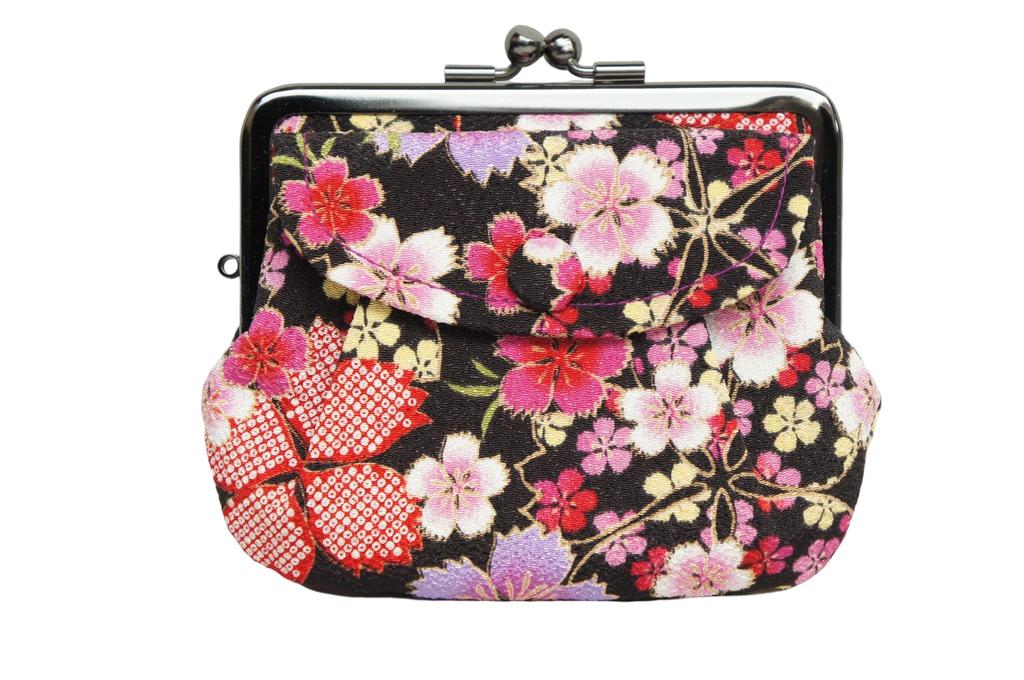 Biandu Clasp Wallet with Pocket and Coin Japanese Made In Kyoto Parent-Child Purse, Chirimen, Pattern, (Nadeshiko (Black))