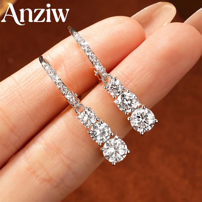 Anziw 3-Stone D Color Moissanite Drop Earrings Hypoallergenic 14K Gold Filled Earring Birthday Jewelry Gift for Women Certified