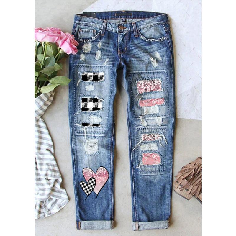 Women Mid Waist Straight Leg Ripped Printed Patchwork Denim Long Pants