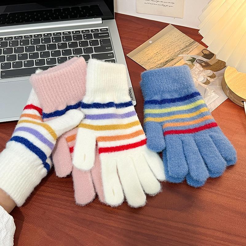 Personalized Korean Style Striped Winter Gloves - Color Block Design