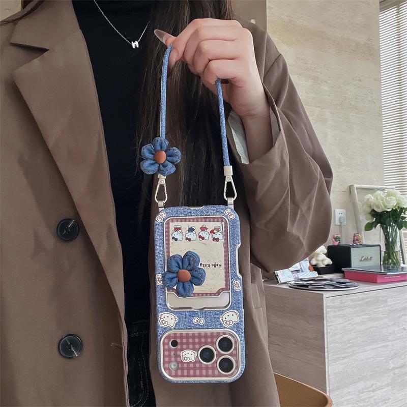 Denim Texture Mirror Card Holder Phone Case for iPhone 17pro, 16pro, 15pro, 14p with Kiki Cat Design and Lanyard