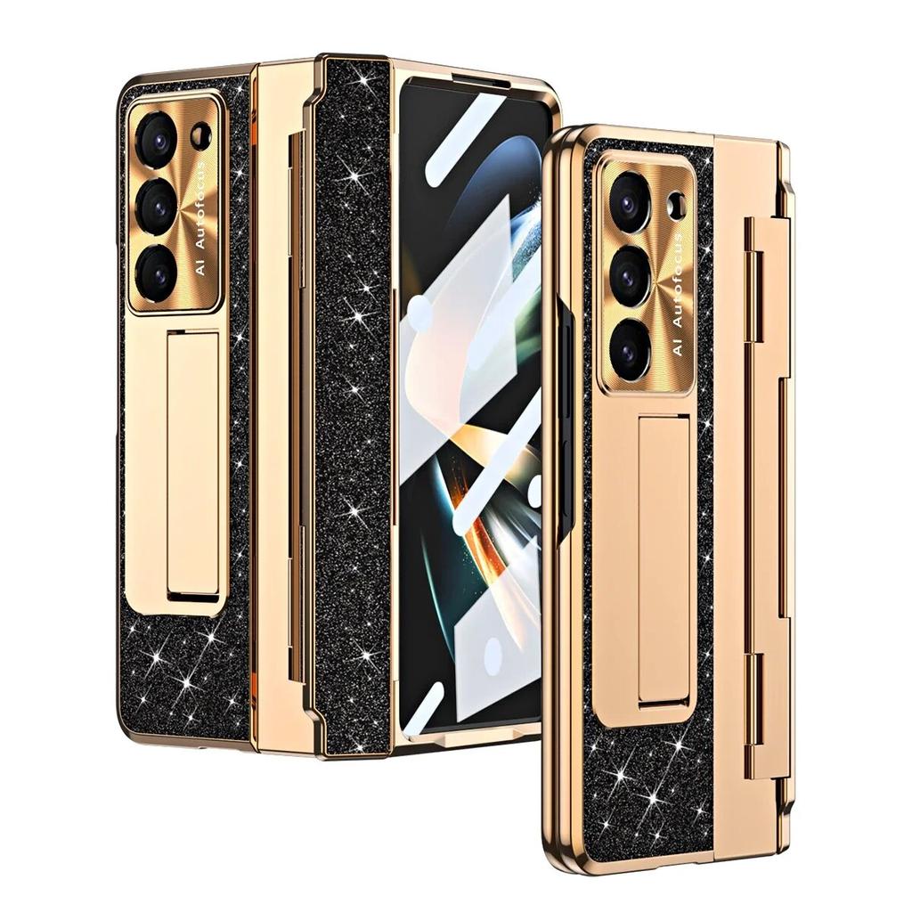Luxury Plating Leather Bracket Hinge Protection Case for Samsung Galaxy Z Fold 5 4 3 Case with Screen Protector Cover