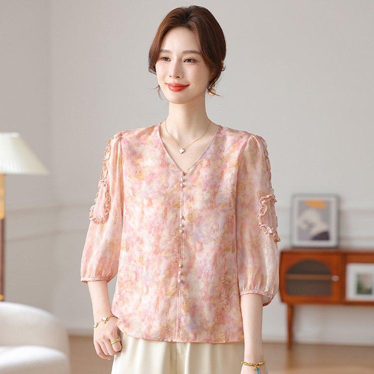 Elegantes Chiffon-Oberteil mit Sieben-Viertel-Ärmeln für Frühling/Sommer für Frauen mittleren und höheren Alters
