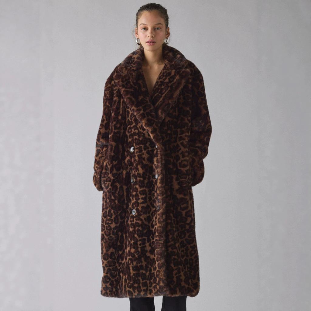 Popular Leopard Print Medium and Long Imitation Fur Coat Women's Double-breasted Lapel Loose Light Luxury Thermal Jacket
