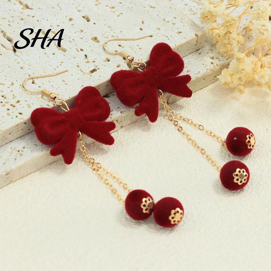 Holiday Statement Jewelry for Women 1 Pair Velvet Bow Earrings Women, Red Christmas Bowknot Dangle Drop Fashionable Face Slimming with Ball