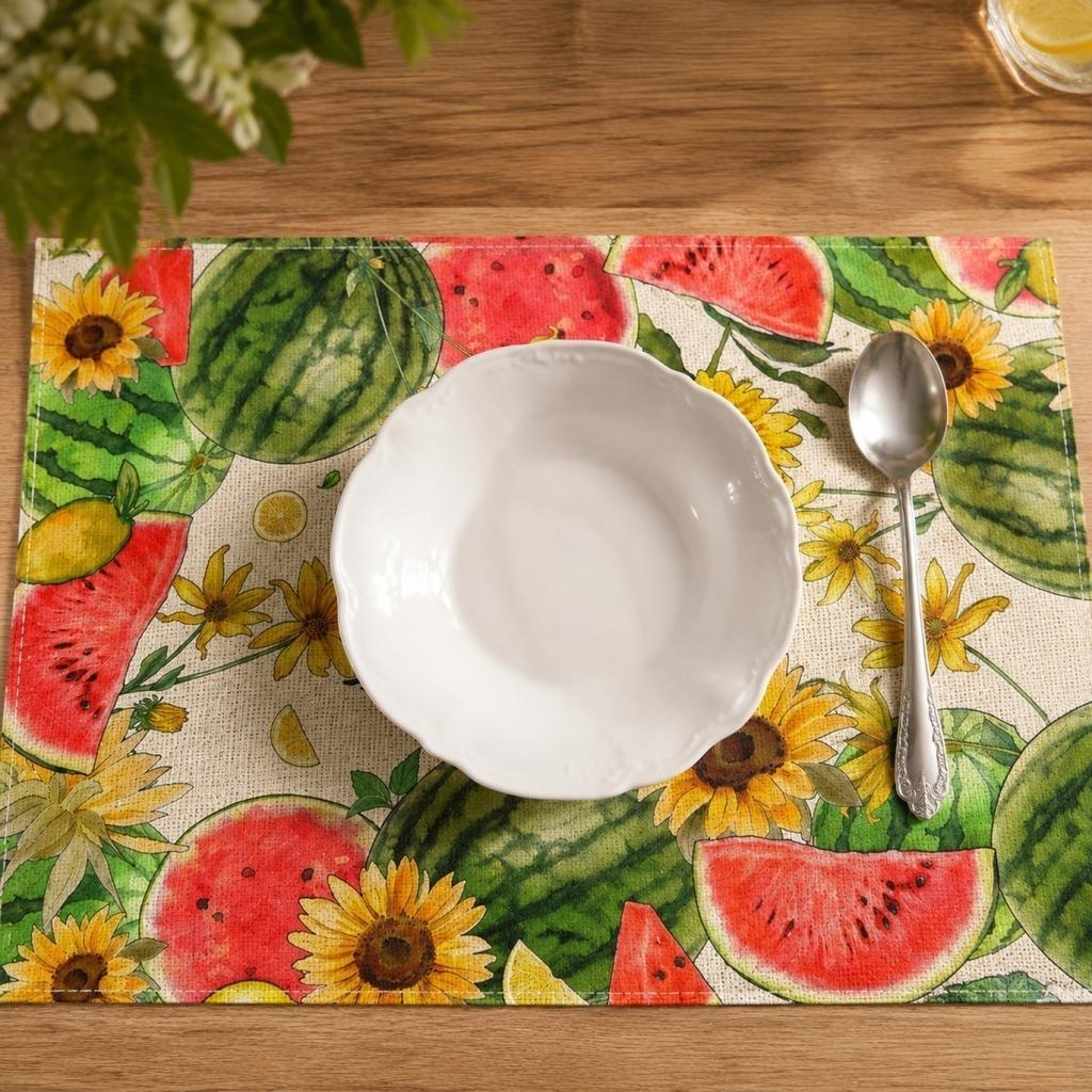 4-Piece Summer Lemon Print Linen Placemat and Napkin Set, Heat and Stain for Kitchen Dining, 430cm