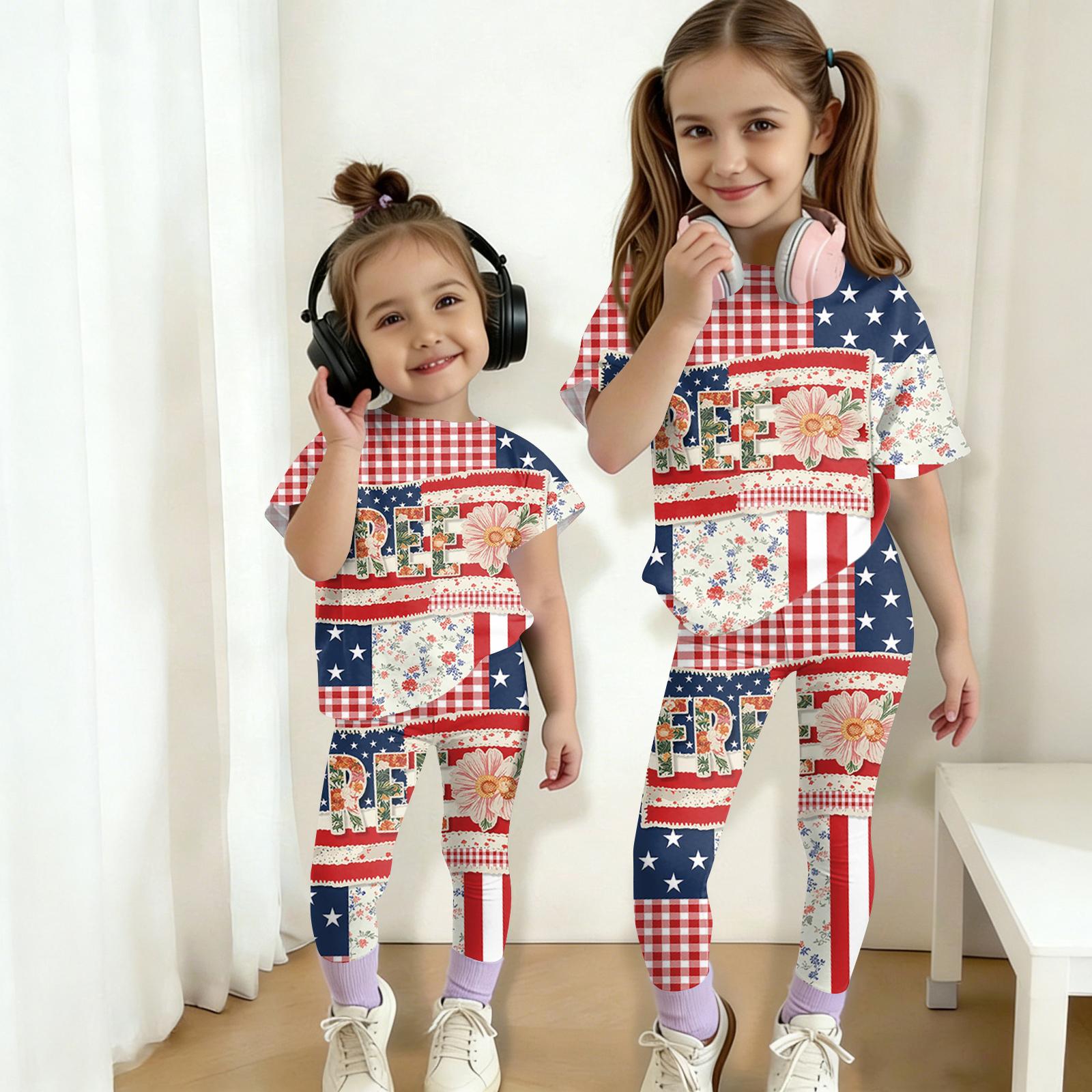 

Boys And Girls Independence Day Print Set Kids Casual Short Sleeve Top And Long Pants Set 150 кавун червоний колір