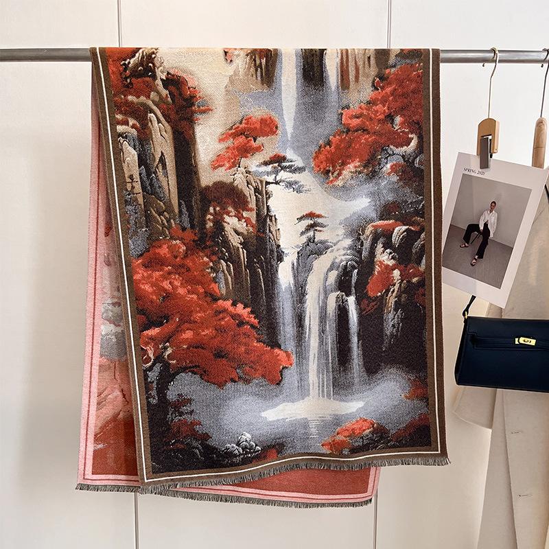 Autumn And Winter National Style Plants And Flowers Landscape Painting Elegant Women Warm Scarf Fashion Retro Shawl