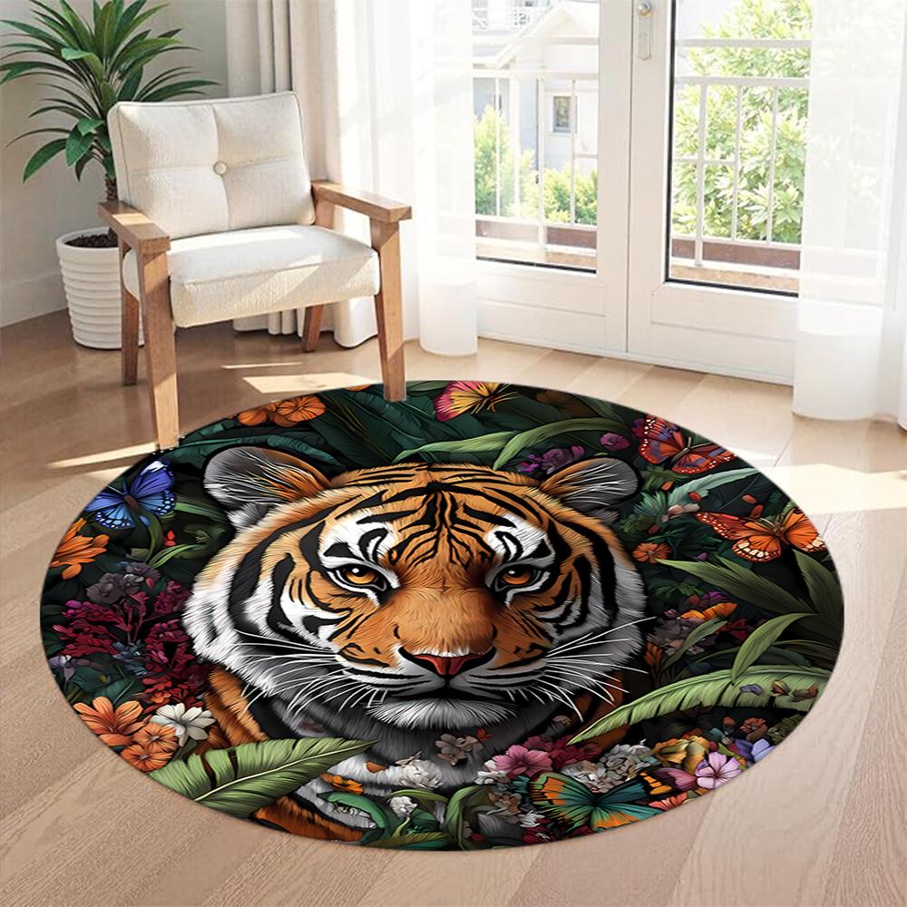 Tiger Round Office Rug Design for Dining Room Playrooms Kitchen Entryway Anti-slip Round Rug Decorate Offices Birthday Christmas Gift