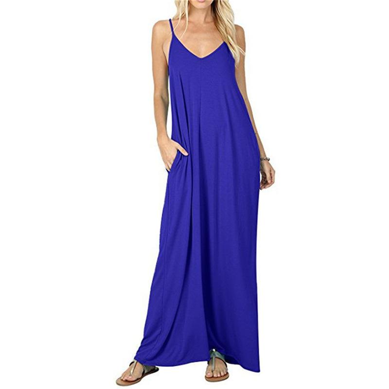European and American Women's Clothing Solid Color Loose Pocket Long Dress, Vest Dress, Sexy Suspender Skirt