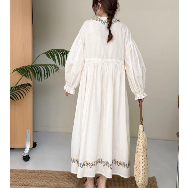 Johnature Embroidered Adjustable Waist Dress Long Sleeve Artistic Vintage Loose A-Line Long Dress For Women