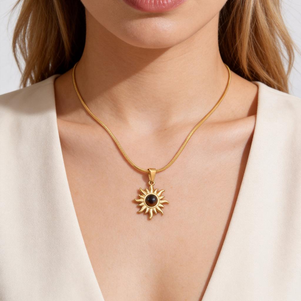 Accessories, Natural Tiger'S Eye Sun Pendant Necklace, Stainless Steel Retro Women'S Necklace 2285