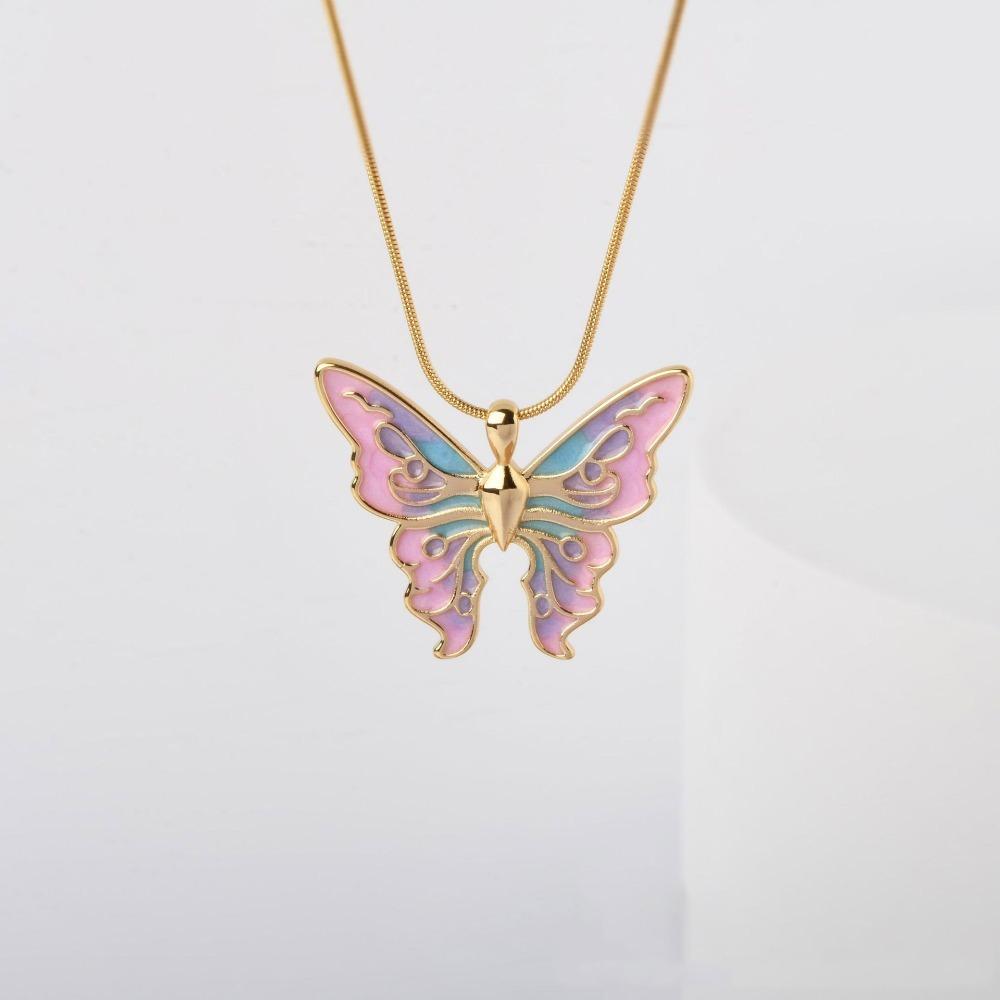 New Fashion Romance Rainbow Fairy Pink Purple Large Butterfly Pendant Snake Bone Chain Necklace for Women Princess Jewelry Gifts