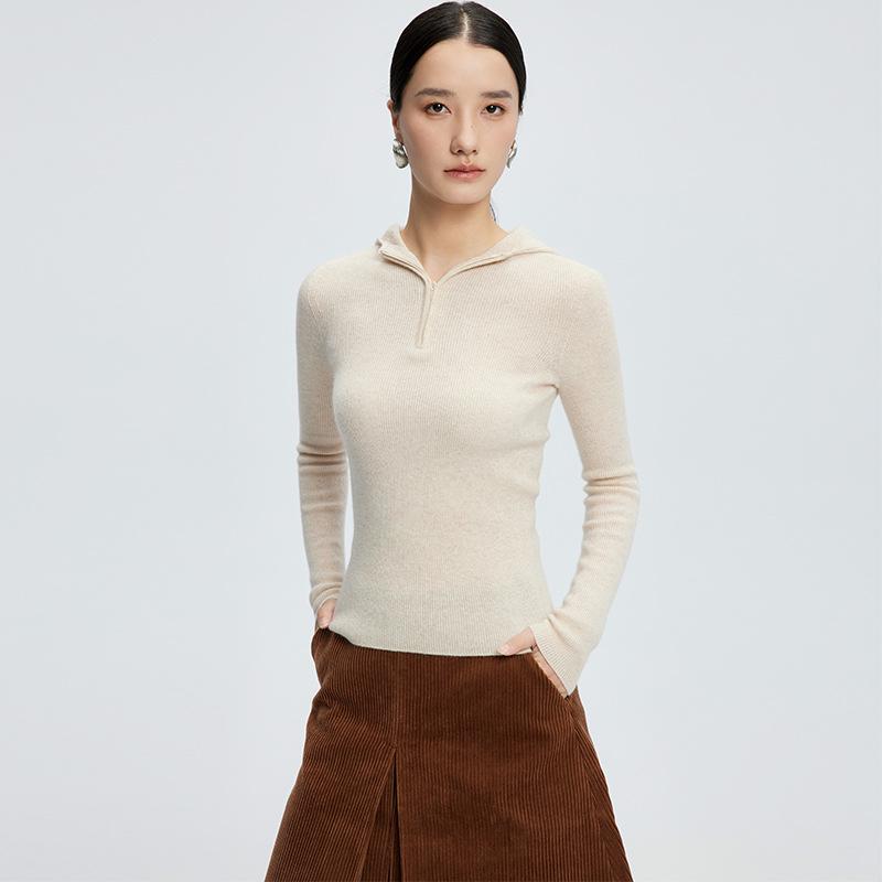 Women’s Cashmere Half-Zip Hooded Sweater – Seamless, Solid Color, Autumn/Winter Knitted Pullover