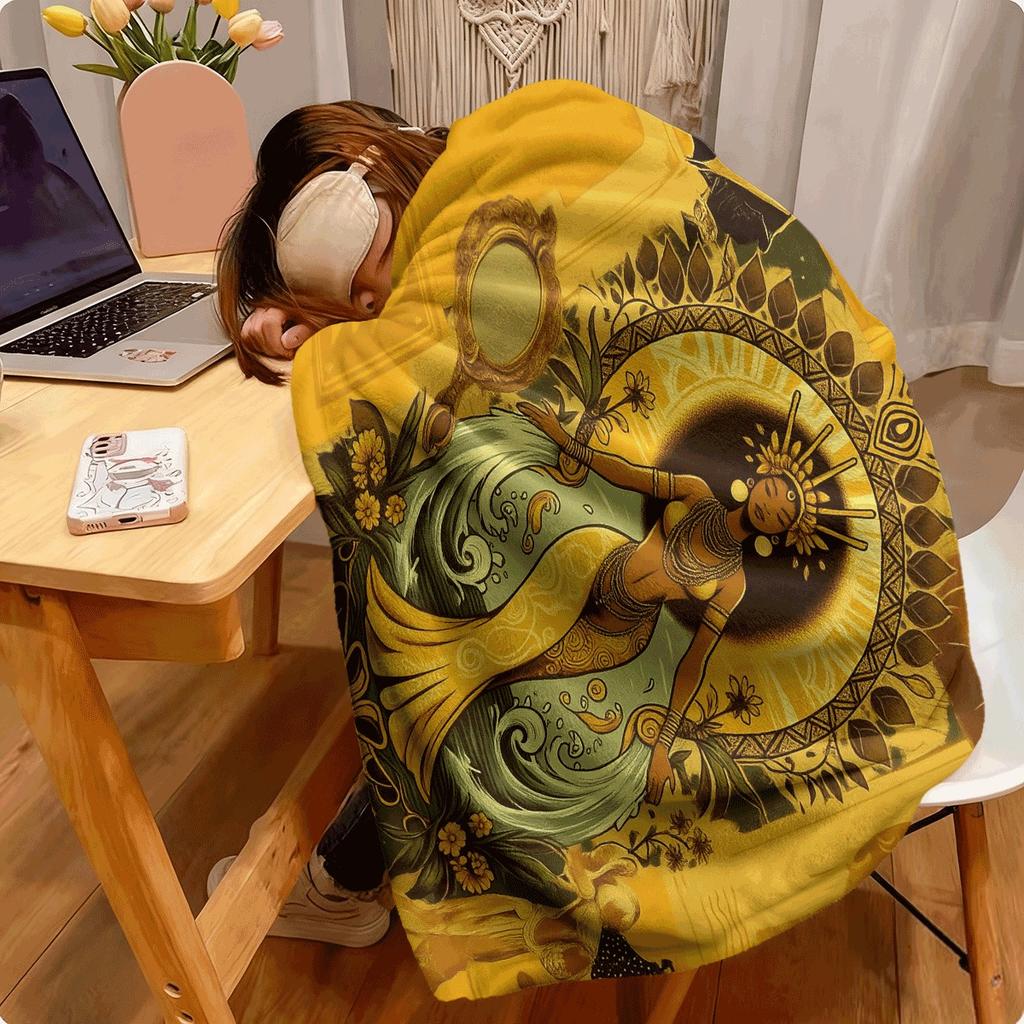 1pc Orisha Oshun African Spiritual Blanket, Retro Yoruba Goddess Flannel Throw with Floral & Symbolic Print, All-Season Bedspread, Soft