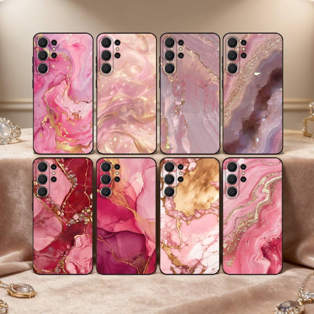Gold Pink Geometric Marble Phone Case For Samsung S26,S25,24,23,22,30,21,10,9,Ultra,Plus,Lite,Black Soft Case