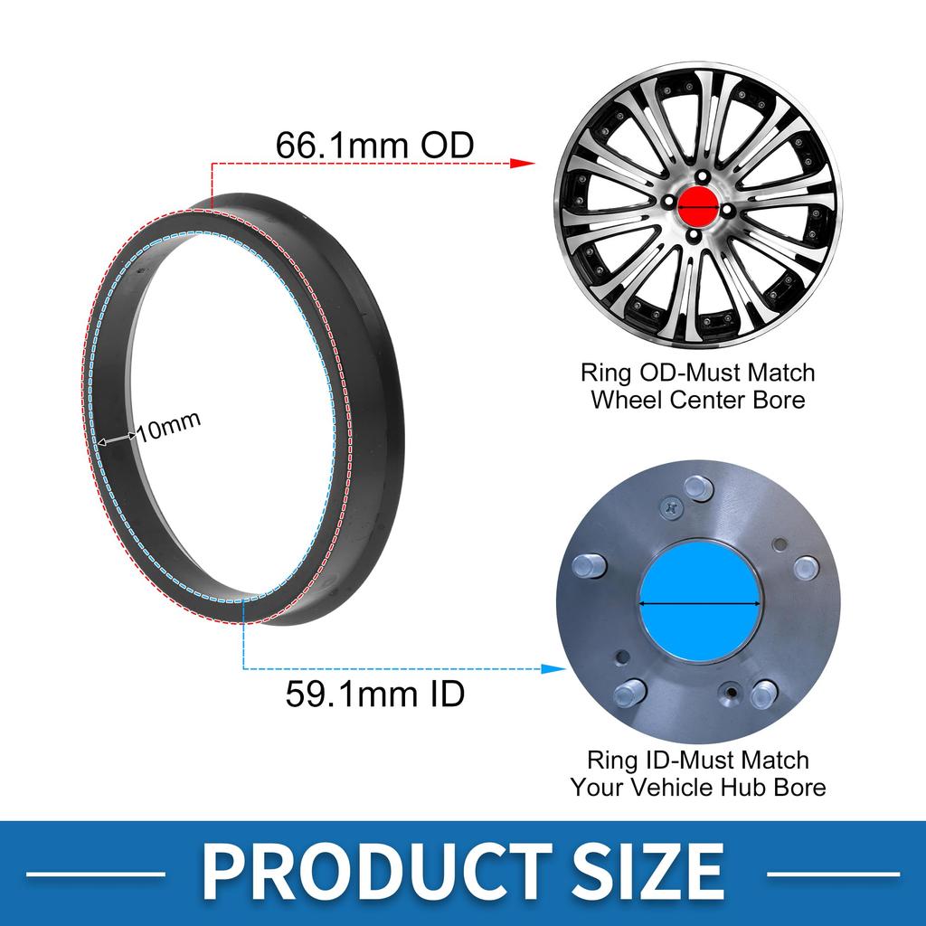 A ABSOPRO 66.1mm to 59.1mm Wheel Hub Centric Ring Black Polycarbonate Wheel Center Shaft Shock Absorption Hub Ring 4pcs