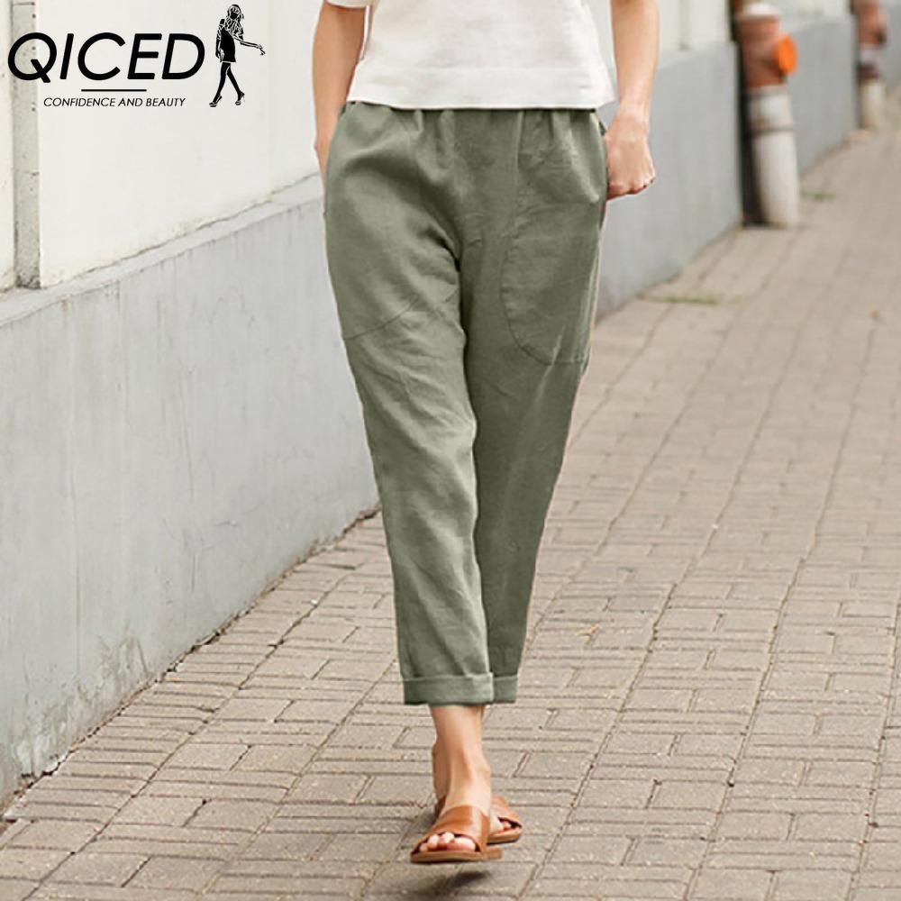 

QICED Women Summer Solid Color Double Pocket Trousers Loose Long Pants Female Cotton Linen Pants XXXXXL армия зеленый