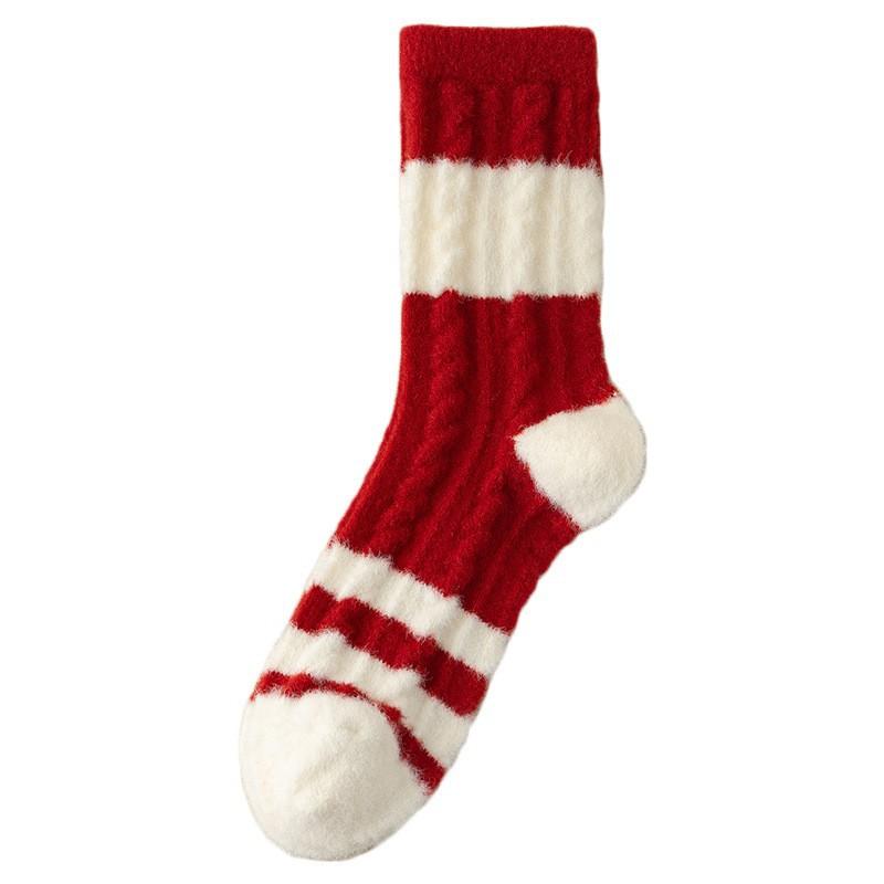 Socks Australian Fleece Season Fleece Thickened Thermal Home Floor Sleeping Socks Red Striped Medium Tube Socks