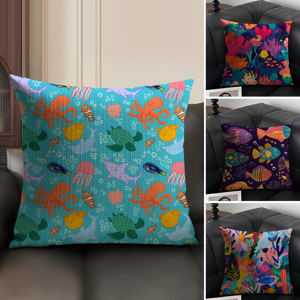 Marine Life Fashion Cushion Cover Natural Linen Organic Fabric Double-Sided Printing Sofa Home Decor Gift Pillow Case