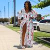 Spring and Summer New European and American Women's Clothing Sexy V-neck Waist Printing Bubble Sleeve Split Dress Long Dress