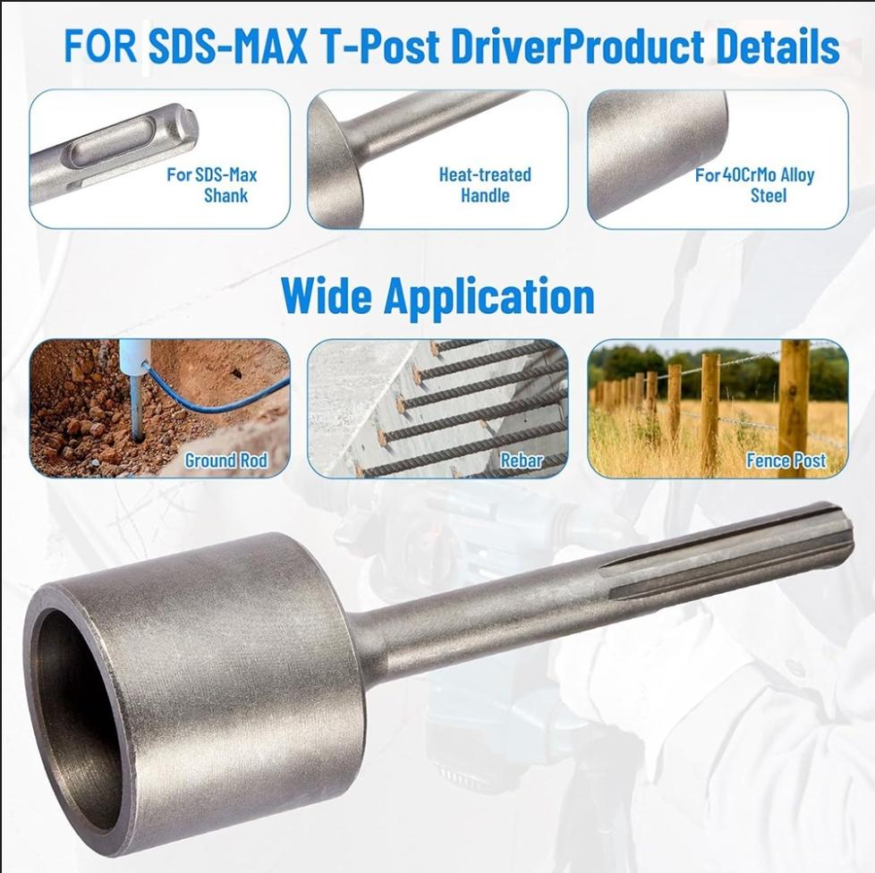 Heavy-Duty For SDS-Max T-Post Ground Rod Driver Compatible With Major Hammers Tool Forged Steel Drill Bit