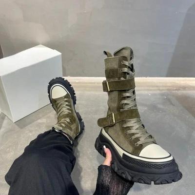 Trendy Punk Damenstiefel Mid-Calf Damenstiefel Patchwork Damen Designer Schuhe Schnallenriemen Dekoration Motorradstiefel Botte Femme