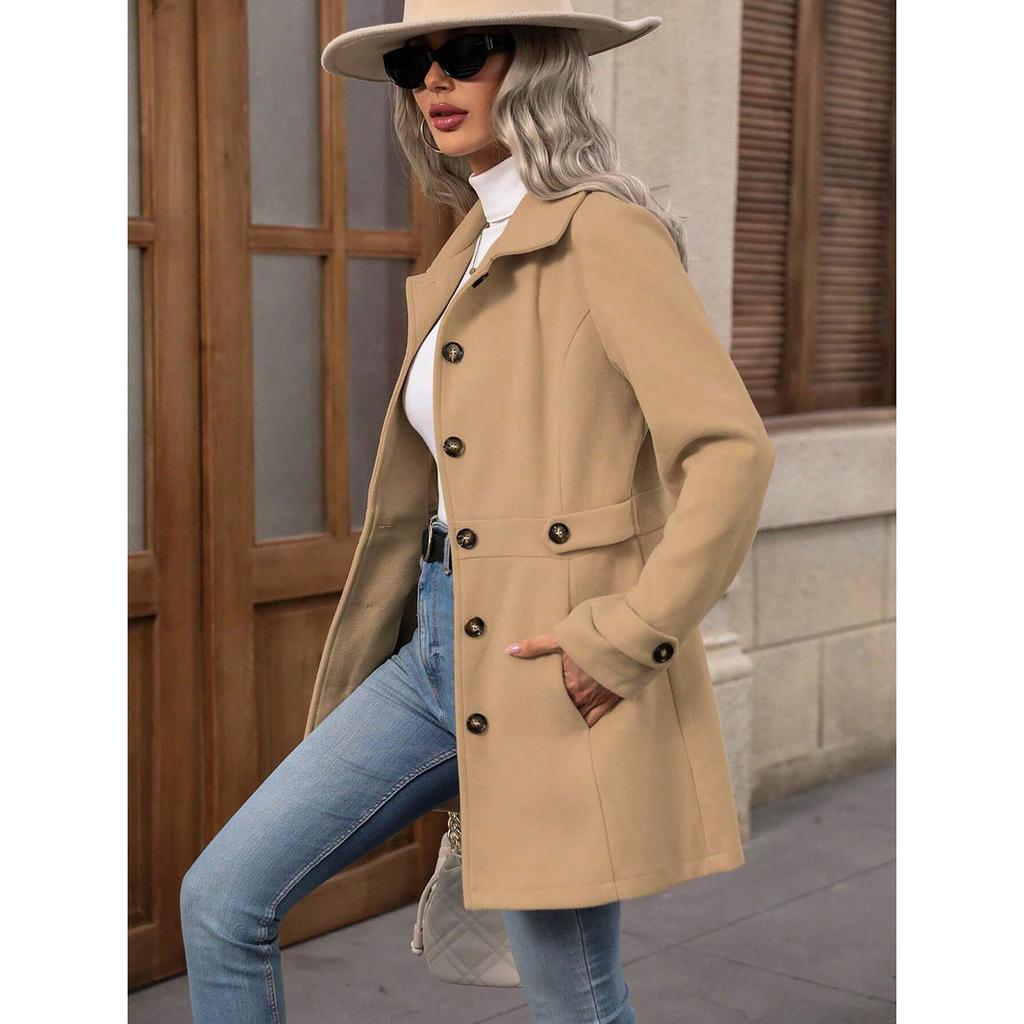 Women's Notched Lapel Wool Blend Coat, Slim Fit Belted Waist Trench with Thermal Lining, Elegant Office Chic Overcoat for Commute With Pockets