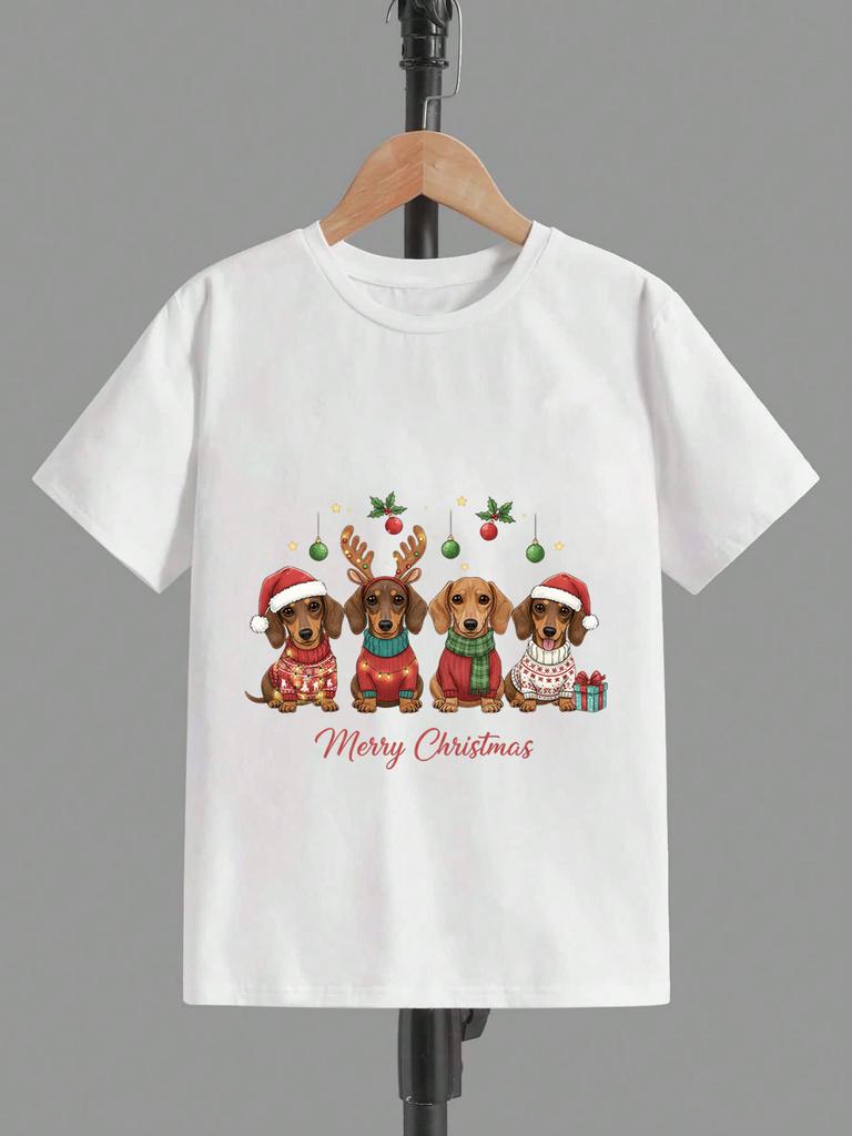 1pc Bohemian Dachshund Sweater Print T-Shirt - Soft Cotton Short Sleeve Round Neck Tee with Dachshund Sweater, Suitable for Holiday Parties & Casual W