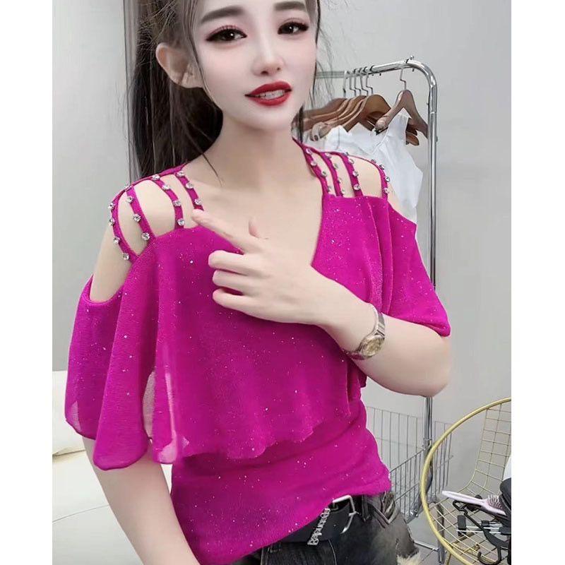 2025 Summer Slimming Stylish V-Neck Ruffle Off-the-Shoulder Beaded Mesh Short-Sleeve Women's Top