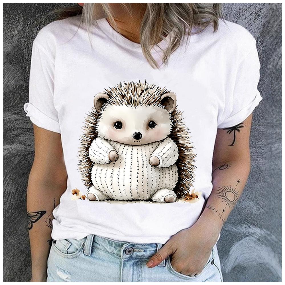 Women's Polyester 100%  interesting hedgehog Print T-shirt Loose round Neck Casual Short Sleeve Fashion Top  Clothing Summer