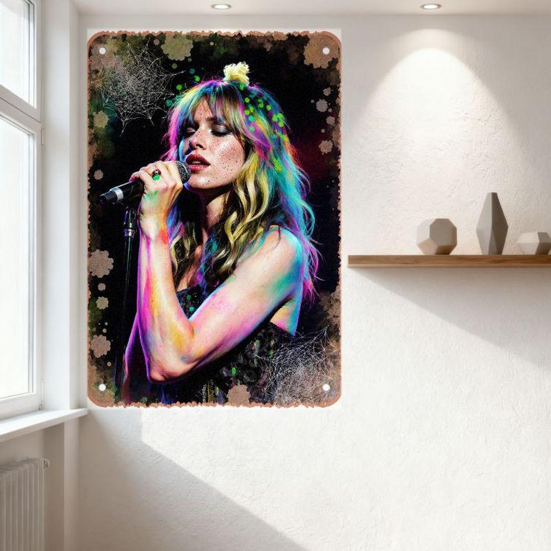 Vibrant Psychedelic Woman Singing Metal Tin Sign Colorful Hair Concert Wall Decor for Bar Cafe Home Man Cave Art Plaque