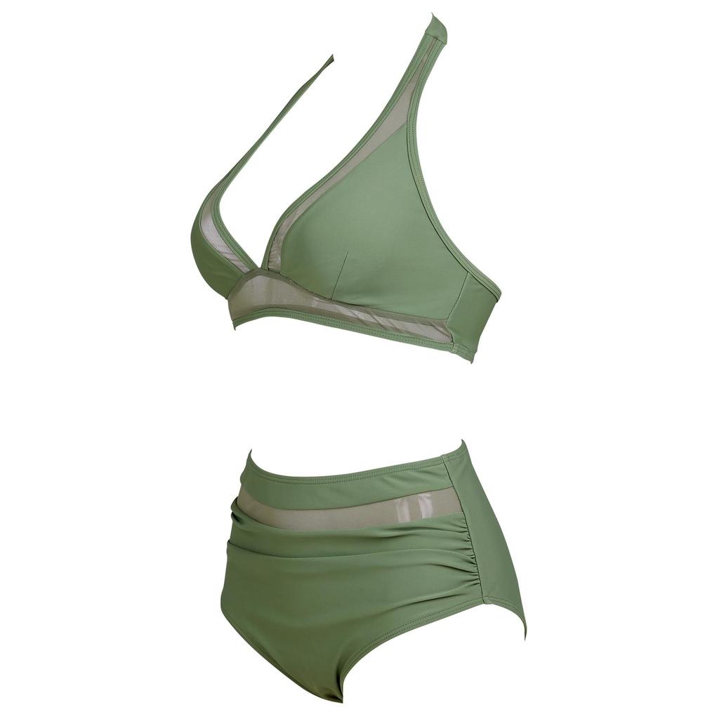 European and American black mesh splicing neck bikini women's high waist to cover their belly and look thin split swimsuit vacation beach swimsuit