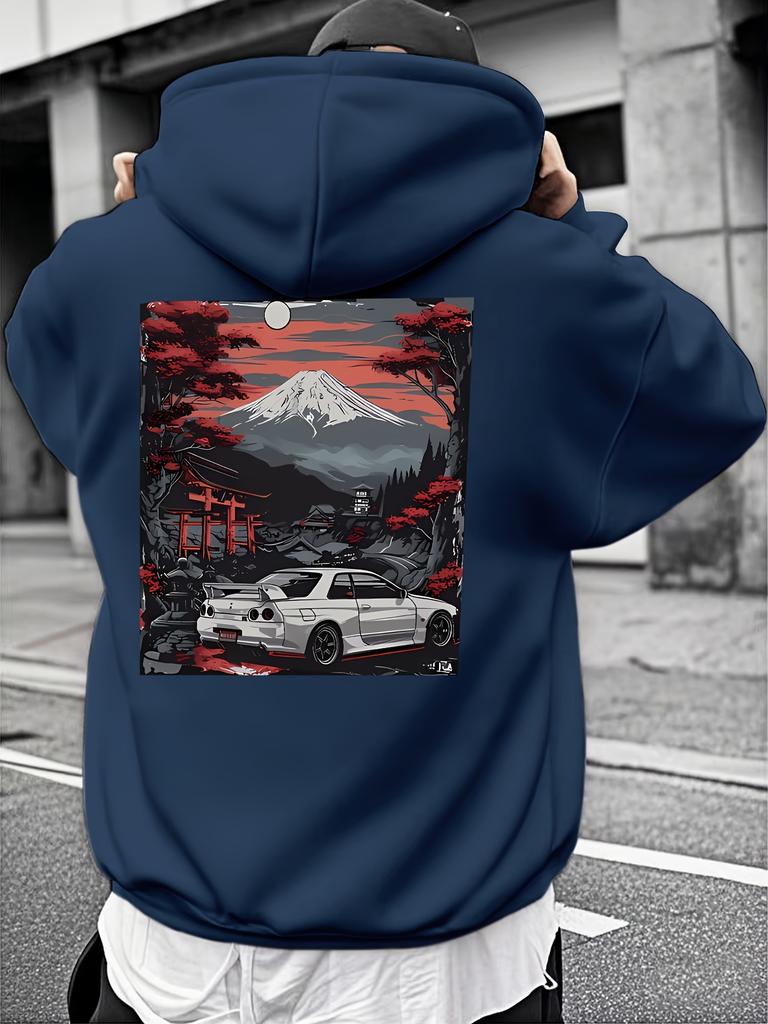 Herren Winter Freizeit Kapuzensweatshirt - Lebendiger roter Grafikdruck mit Berg- und Autodesign, Normale Passform, Maschinenwaschbar