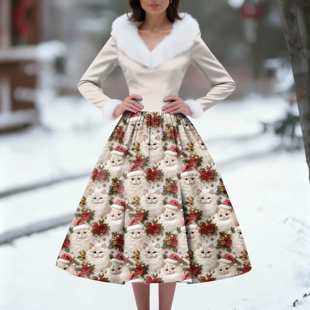Women's Casual Dress Long-Sleeve V-Neck Patchwork Fleece Christmas Print Dress