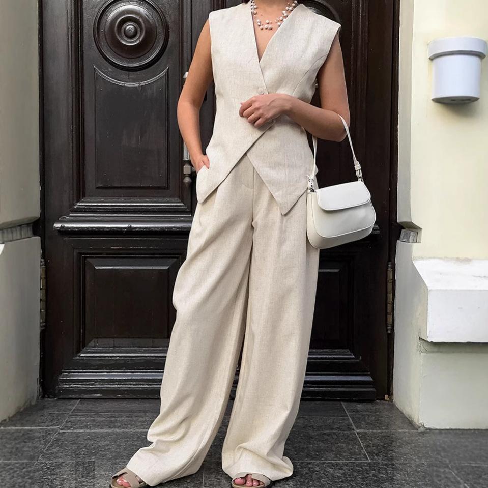 Khaki high-end sleeveless cotton and linen vest set 1116 European and American spring and summer fashion new two-piece set for women