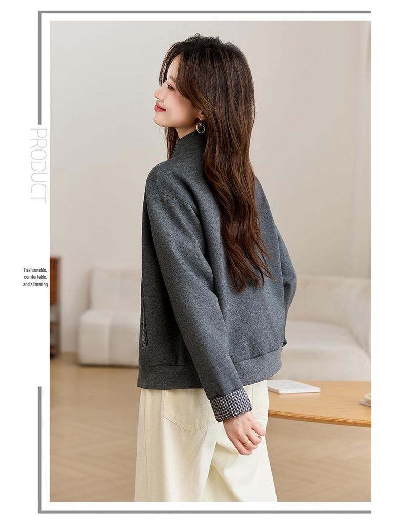 Damen 2025 Kariertes Patchwork Stehkragen Frühlingsjacke - Vielseitiges Lässiges Mode Sweatshirt Oberteil