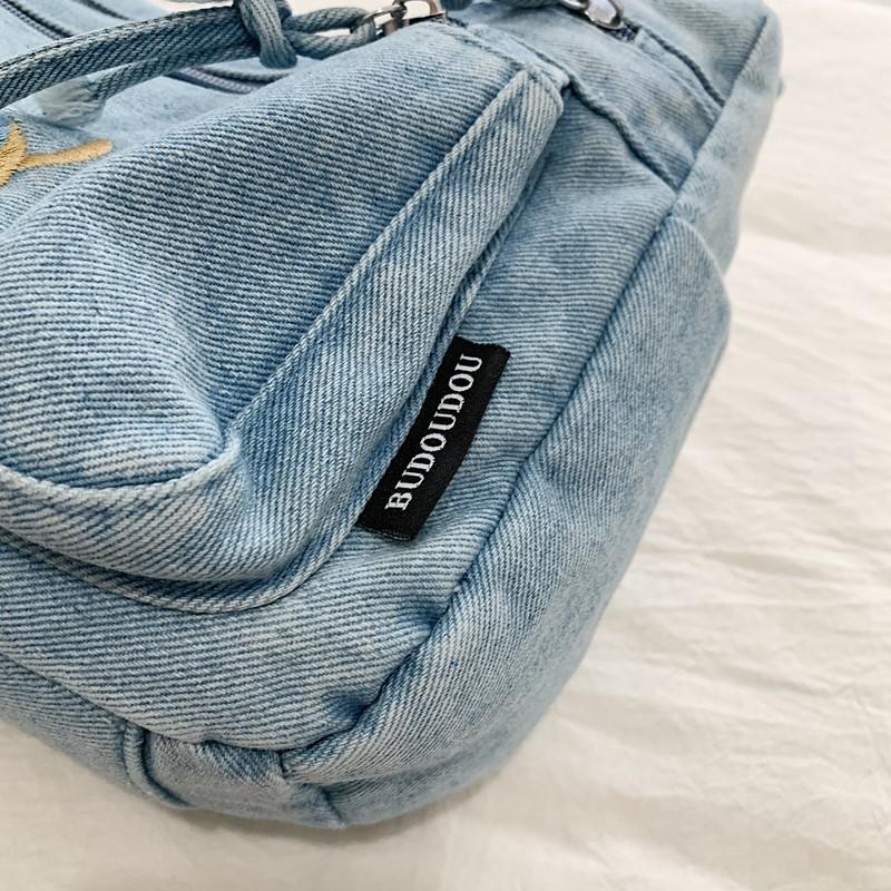 Denim Vintage Shoulder Bag Women Embroidered Cat Crossbody Bag