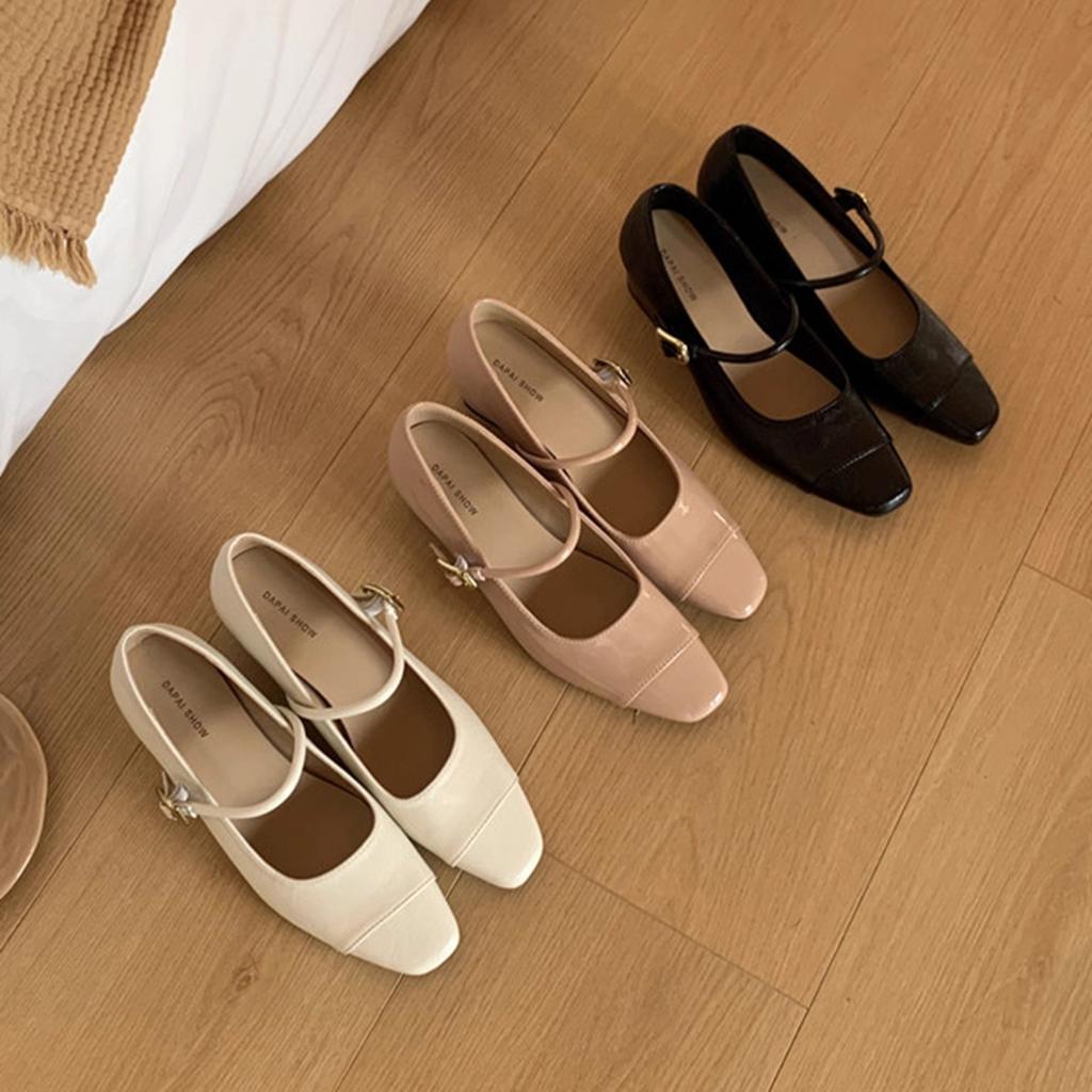French wedge heel splicing square head Mary Jane shoes 2025 new high heels Korean version commuter shoes one word with single shoes women