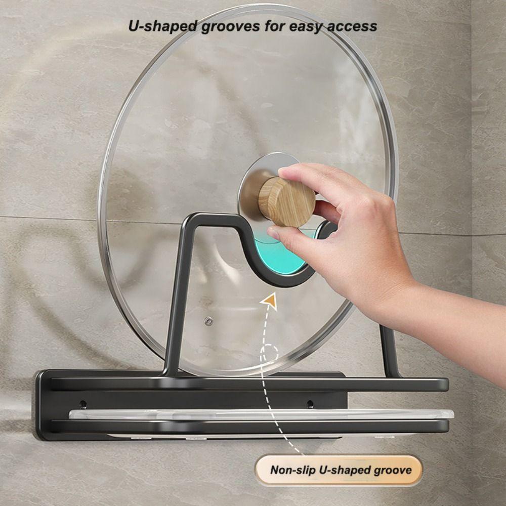 Wall Mounted Pot Lid Holder with Tray Punch Free Pot Cover Drain Rack  Kitchens Accessories